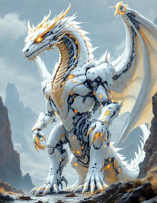 Primary subject: A white dragon with yellow eyes and a long neck.

Setting/background: A rocky mountain range in the background.

Visual style: Digital art.

Colors and mood: The dragon has a white and yellow color scheme, giving it a futuristic and robotic appearance. The overall atmosphere is dramatic and intense.